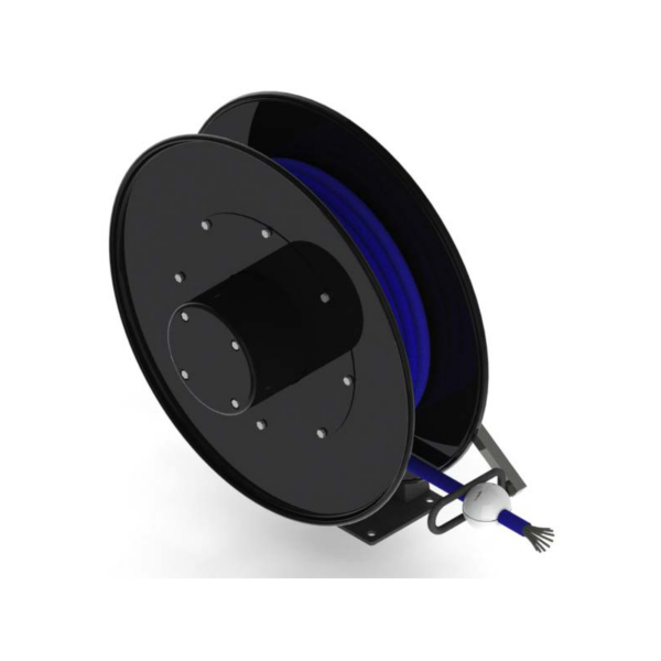 Rendu d’un enrouleur de câble DEMAC série 500 noir, avec câble bleu, guide de sortie et embase